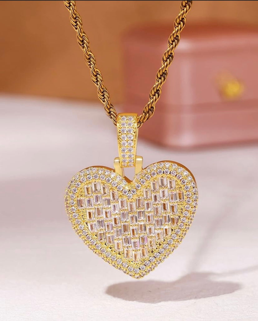 Gold Icy Love Heart Pendant Locket Necklace