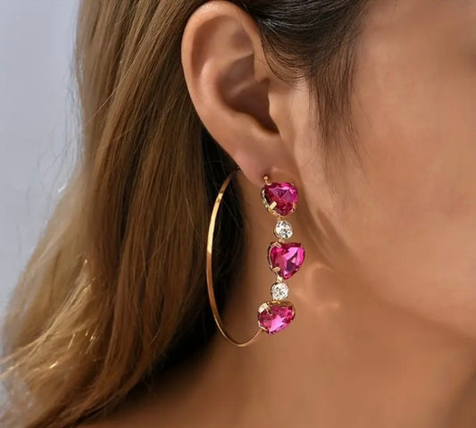 Pink Crystal Drop Heart Hoop Earrings